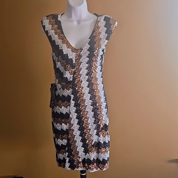 Bebe NWT wilderness sequined dress size XS Chevron Zigzag Pattern - Picture 2 of 9
